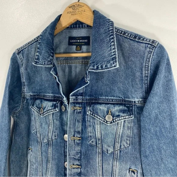 Lucky Brand The Tomboy Trucker Distressed Raw Hem Cropped Denim Jean Jacket M - Picture 12 of 12